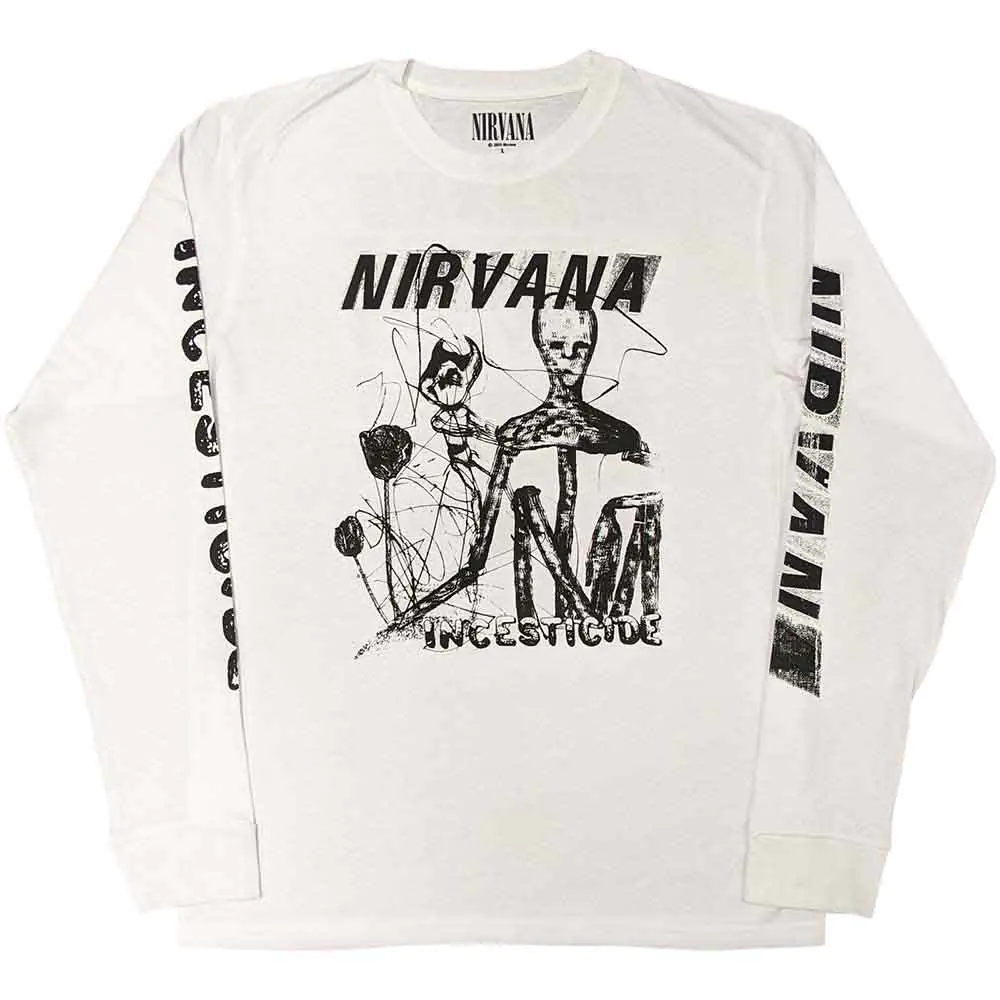 Nirvana Unisex Long Sleeve T-Shirt: Incesticide (White) (Back & Sleeve Print)